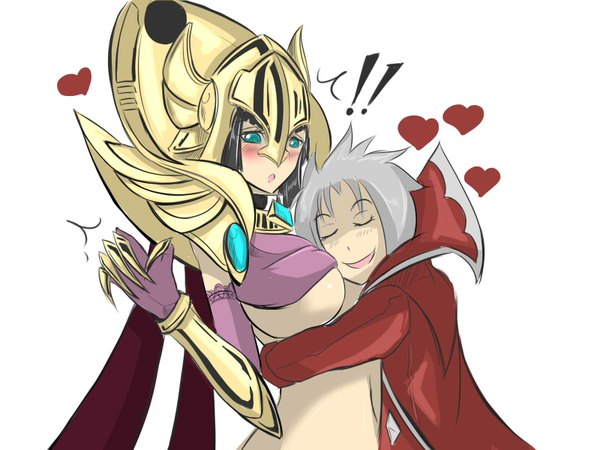 Anime picture 1600x1200 with league of legends vladimir (league of legends) azir (league of legends) torahime (roland00) blush short hair breasts light erotic black hair simple background smile large breasts white background multiple girls eyes closed grey hair hug genderswap girl 2 girls