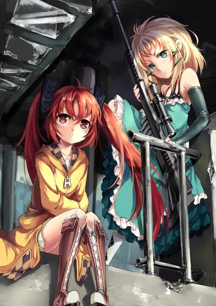 Anime picture 1652x2338 with black bullet kinema citrus aihara enju tina sprout mixke long hair tall image blonde hair red eyes twintails bare shoulders multiple girls green eyes red hair loli girl dress hair ornament weapon 2 girls