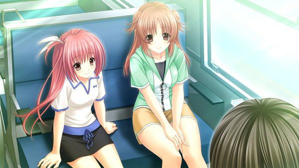 Anime picture 1280x720 with morobito kozorite (game) long hair red eyes brown hair wide image multiple girls brown eyes pink hair game cg girl 2 girls