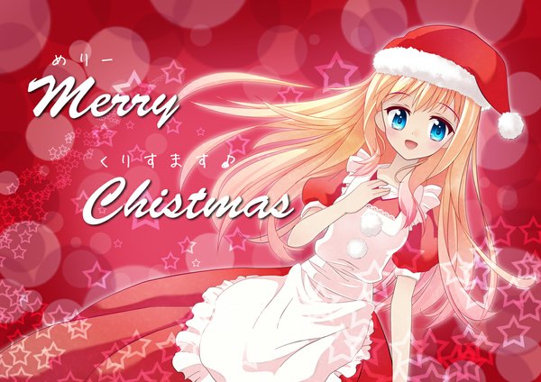 Anime picture 1167x825 with single long hair blush blue eyes blonde hair fur trim christmas merry christmas girl fur apron santa claus hat