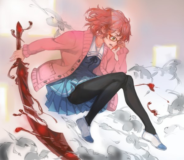 Anime picture 1123x979 with kyoukai no kanata kyoto animation kuriyama mirai zrero single short hair open mouth yellow eyes pink hair jumping girl weapon pantyhose glasses serafuku blood sweater