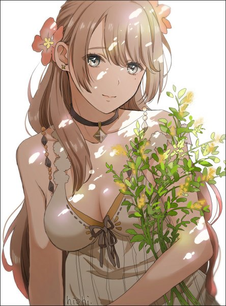 Anime picture 600x810 with original hishi single long hair tall image fringe breasts blue eyes simple background smile brown hair white background bare shoulders holding hair flower sunlight mole shadow mole under eye girl