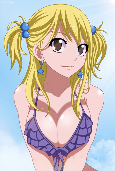 Anime picture 1020x1514 with fairy tail lucy heartfilia gold-mk single long hair tall image light erotic blonde hair smile twintails brown eyes sky cloud (clouds) sunlight coloring short twintails girl hair ornament earrings lingerie