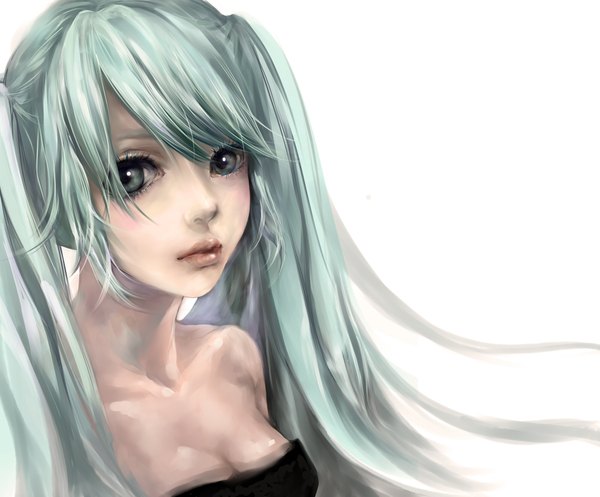 Anime picture 2000x1657 with vocaloid hatsune miku kingyo0 single long hair looking at viewer fringe highres simple background white background twintails bare shoulders green eyes aqua eyes lips aqua hair face girl