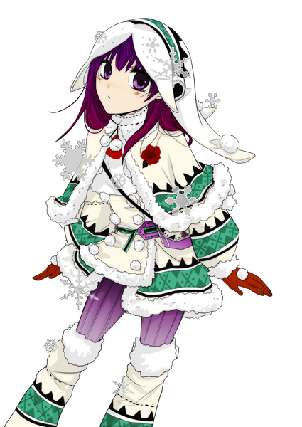 Anime picture 1101x1554 with ib (game) monster hunter ib (ib) lagombi (armor) shugo19 azy single long hair tall image blush fringe purple eyes looking away purple hair coloring transparent background cosplay rendered girl gloves