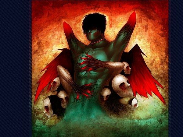 Anime picture 1041x781 with original pirate-cashoo single short hair black hair red hair face framed demon boy wings blood mask hands