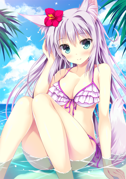 Anime picture 566x800 with original tateha (marvelous grace) single long hair tall image blush breasts blue eyes light erotic animal ears sky purple hair cloud (clouds) tail animal tail hair flower girl hair ornament flower (flowers) swimsuit