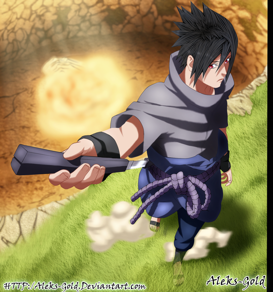 Anime picture 1500x1603 with naruto studio pierrot naruto (series) uchiha sasuke aleks-gold single tall image short hair black hair red eyes coloring light smoke sharingan boy weapon plant (plants) sword katana grass