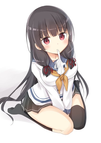 Anime picture 601x850 with kantai collection isokaze destroyer mirai (macharge) single long hair tall image looking at viewer fringe black hair simple background red eyes white background sitting holding pleated skirt mouth hold tress ribbon glove in mouth girl thighhighs