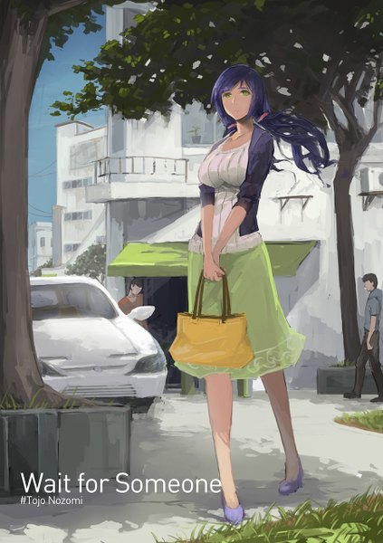 Anime picture 902x1280 with love live! school idol project sunrise (studio) love live! toujou nozomi pandea work long hair tall image breasts large breasts standing twintails green eyes looking away purple hair wind alternate costume low twintails alternate age street girl