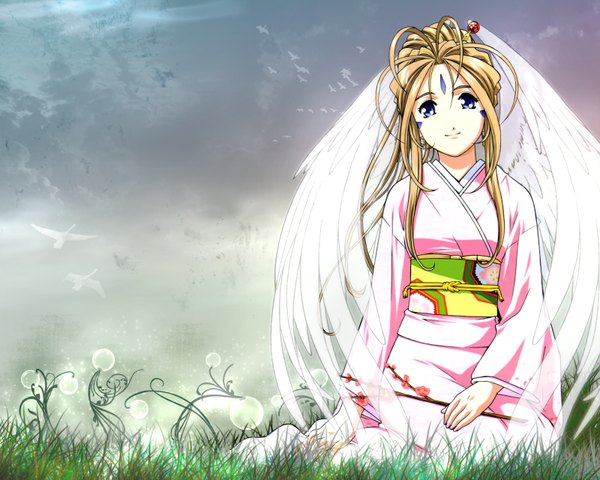 Anime picture 1600x1280 with aa megami-sama anime international company belldandy japanese clothes angel wings girl