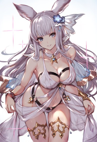Anime picture 964x1416 with granblue fantasy korwa (granblue fantasy) watao single long hair tall image looking at viewer blush fringe breasts blue eyes light erotic large breasts signed animal ears payot cleavage silver hair blunt bangs parted lips