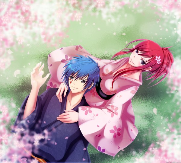 Anime picture 2000x1800 with fairy tail erza scarlet jellal fernandes blackrabbit0626 long hair blush highres short hair smile blue hair ponytail red hair japanese clothes hair flower from above grey eyes tattoo cherry blossoms girl boy