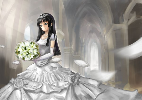 Anime picture 1476x1042 with k-on! kyoto animation akiyama mio single long hair black hair black eyes girl dress gloves flower (flowers) petals elbow gloves tiara bouquet wedding dress