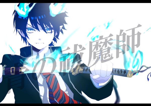 Anime picture 1454x1028 with ao no exorcist a-1 pictures okumura rin moto (moto72) single short hair black hair white background pointy ears letterboxed boy weapon sword necktie katana flame