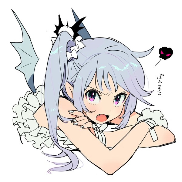 Anime picture 1003x1003 with original poo (donkan gokko) long hair looking at viewer white background bare shoulders blue hair ponytail pink eyes pointy ears teeth fang (fangs) side ponytail girl wings