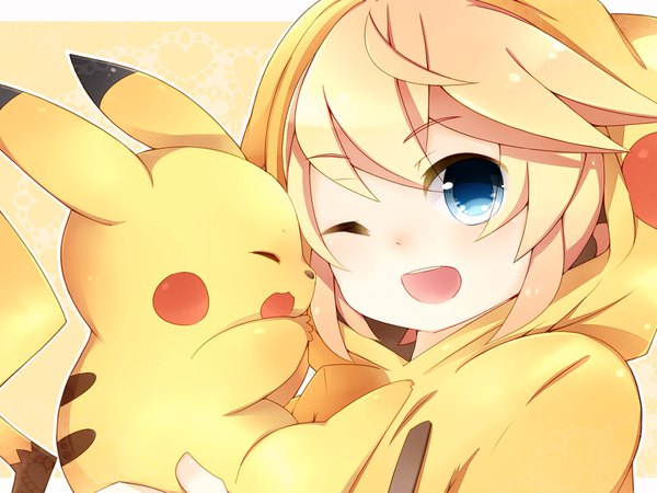 Anime picture 1600x1200 with pokemon vocaloid nintendo kagamine rin pikachu leeannpippisum looking at viewer blush fringe short hair open mouth blue eyes simple background blonde hair holding upper body eyes closed profile one eye closed wink