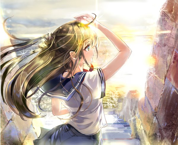 Anime picture 1200x981 with original keepout single long hair blue eyes brown hair standing looking away sky upper body outdoors profile arm up wind sunlight sparkle morning sunrise girl skirt