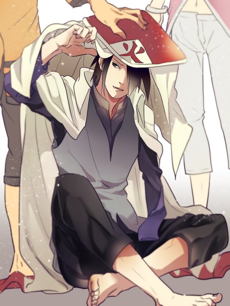 Anime picture 700x931 with naruto studio pierrot naruto (series) uzumaki naruto uchiha sasuke haruno sakura aca tall image fringe short hair open mouth black hair standing sitting looking away barefoot arm up black eyes hair over one eye multiple boys