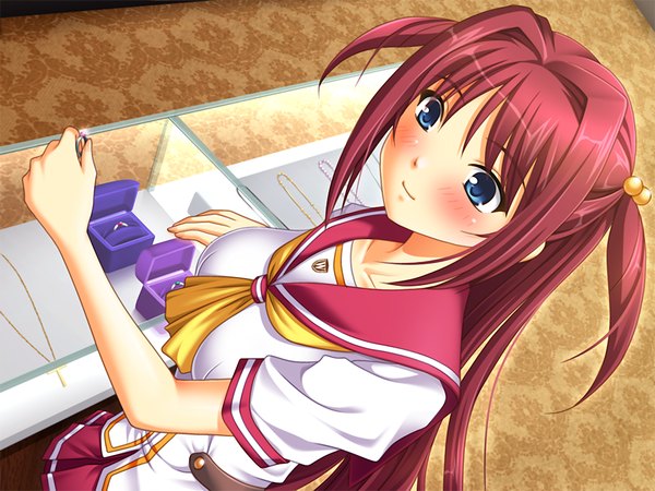 Anime picture 1200x900 with fukubiki! triangle shinonome miharu long hair blush blue eyes game cg red hair girl serafuku