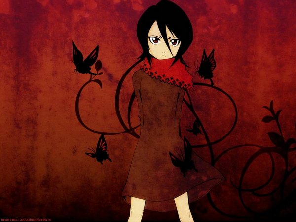 Anime picture 1200x900 with bleach studio pierrot kuchiki rukia red background insect butterfly