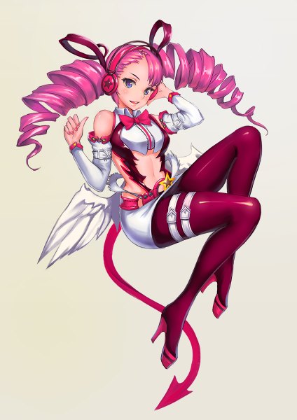 Anime picture 848x1200 with destiny child original 91horizon single tall image blush fringe light erotic simple background smile bare shoulders pink hair bent knee (knees) tail pink eyes bare belly gradient background demon girl demon tail demon wings