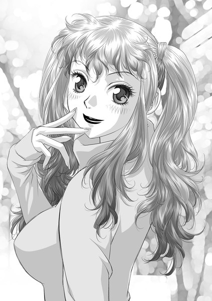 Anime picture 847x1200 with original toshiki yui single long hair tall image looking at viewer blush smile grey hair grey eyes monochrome wavy hair girl turtleneck