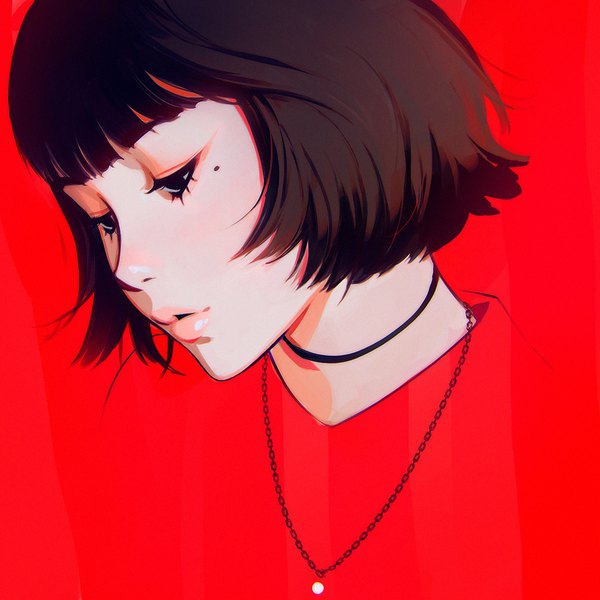 Anime picture 1080x1080 with original ilya kuvshinov single fringe short hair black hair simple background blunt bangs parted lips lips black eyes mole mole under eye looking down red background bob cut blending girl choker jewelry