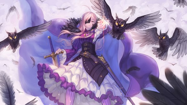 Anime picture 1920x1080 with original ryuuzaki ichi single long hair highres blonde hair red eyes wide image lens flare girl dress weapon animal sword bird (birds) feather (feathers) eyepatch owl