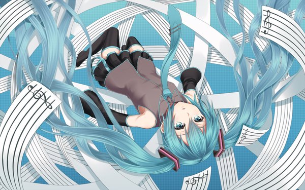 Anime picture 1000x625 with vocaloid hatsune miku heisei yutorin single wide image twintails very long hair aqua eyes aqua hair girl thighhighs skirt black thighhighs detached sleeves miniskirt necktie vest