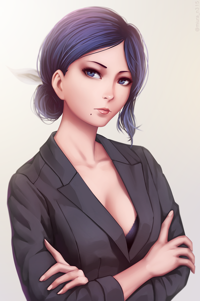 Anime picture 1280x1920 with tokyo ghoul studio pierrot kirishima touka miura-n315 single tall image looking at viewer short hair blue eyes blue hair lips realistic mole mole under mouth girl lingerie bra