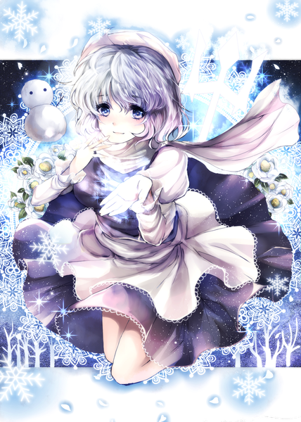 Anime picture 1000x1400 with touhou letty whiterock kotonoman single tall image looking at viewer blush short hair blue hair silver hair winter girl dress flower (flowers) hat scarf snowflake (snowflakes) snowman