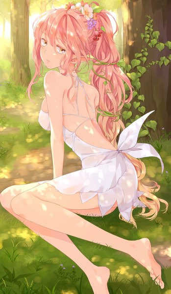 Anime picture 1378x2364 with original okitsune (okitsune-sama) long hair tall image pink hair pink eyes barefoot hair flower pointy ears legs back girl dress hair ornament plant (plants) tree (trees)