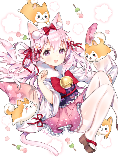 Anime picture 900x1200 with azur lane kisaragi (azur lane) kisaragi (new year's wish) (azur lane) ancotaku single long hair tall image looking at viewer fringe open mouth hair between eyes white background purple eyes signed animal ears pink hair full body bent knee (knees) tail eyes closed