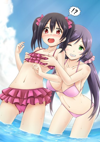 Anime picture 800x1130 with love live! school idol project sunrise (studio) love live! yazawa nico toujou nozomi fuuma nagi long hair tall image looking at viewer blush breasts open mouth light erotic black hair red eyes twintails multiple girls green eyes sky purple hair