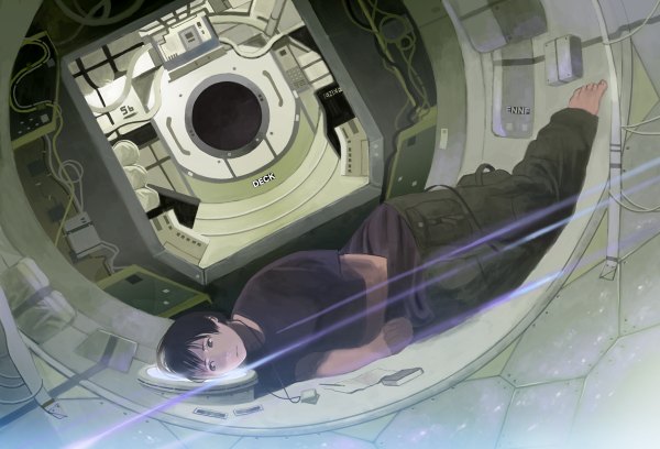 Anime picture 1200x816 with original shiira single short hair black hair lying barefoot black eyes lens flare on side spacecraft interior girl window pants t-shirt laptop photo (object) cable international space station