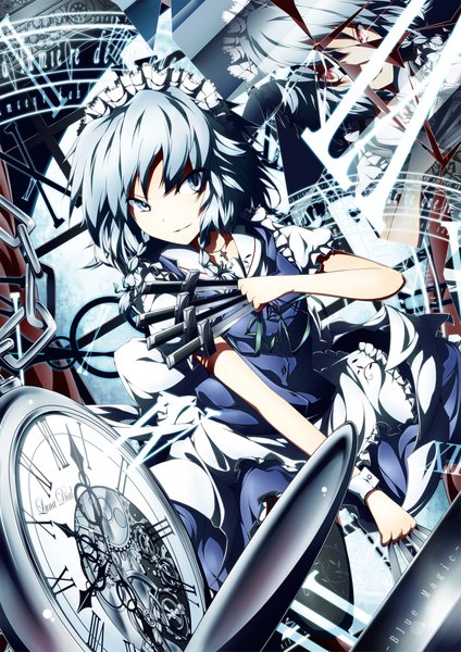 Anime picture 1500x2121 with touhou izayoi sakuya ugume single tall image short hair blue eyes silver hair braid (braids) maid twin braids girl dress headdress maid headdress clock knife pocket watch