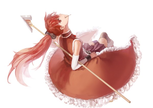 Anime picture 1228x868 with mahou shoujo madoka magica shaft (studio) sakura kyouko cielwings single long hair looking at viewer simple background red eyes white background sitting holding ponytail red hair mouth hold turning head magical girl girl thighhighs dress