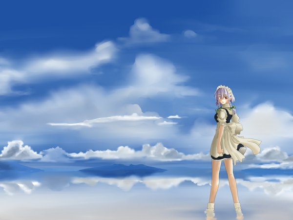 Anime picture 1024x768 with touhou izayoi sakuya sky cloud (clouds) braid (braids) maid girl