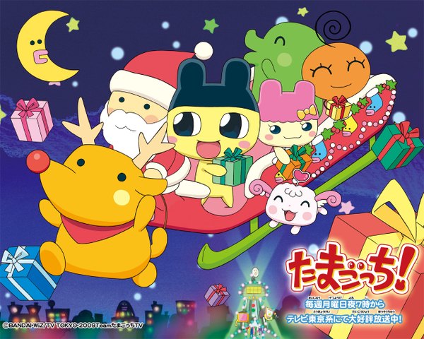 Anime picture 1280x1024 with tamagotchi santa claus hapihapitchi rudolph the red nosed reindeer open mouth smile christmas animal star (symbol) gift deer