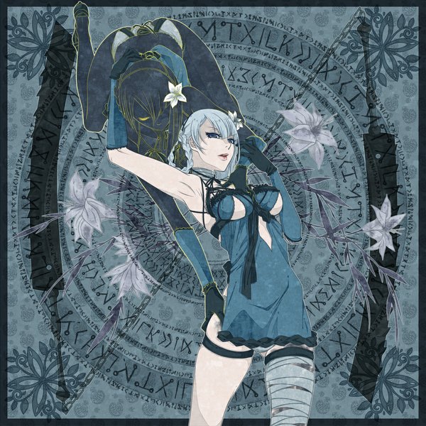 Anime picture 1075x1075 with nier kaine (nier) nuruhachi fringe short hair blue eyes multiple girls holding silver hair hair over one eye armpit (armpits) dark skin magic border dual wielding ass grab girl gloves flower (flowers) weapon