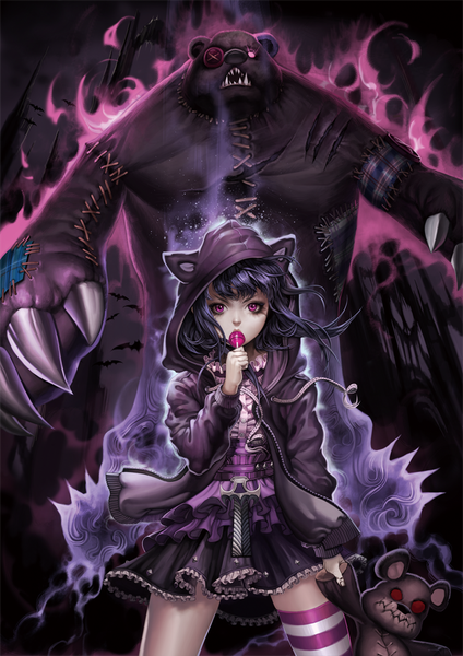 Anime picture 800x1131 with league of legends annie (league of legends) tibbers (league of legends) sindy tall image short hair black hair purple eyes glowing lolita fashion goth-loli girl thighhighs dress food sweets hood toy stuffed animal striped thighhighs