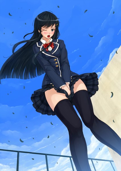 Anime picture 1432x2023 with original kazeno single long hair tall image blush open mouth blue eyes black hair one eye closed wind wink girl thighhighs skirt uniform hair ornament black thighhighs school uniform shirt