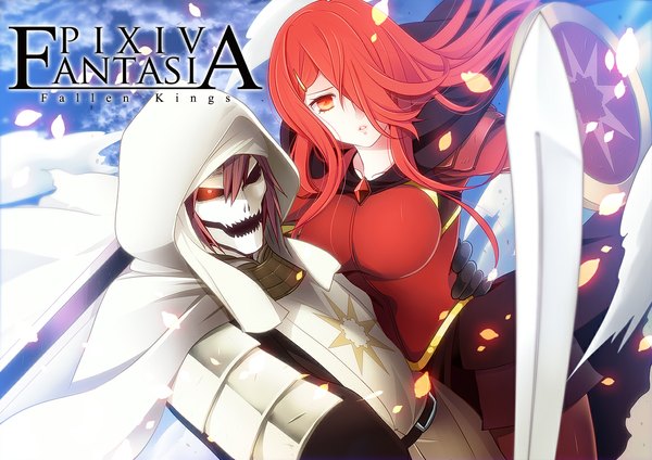 Anime picture 1169x827 with original pixiv fantasia pixiv fantasia fallen kings hira taira long hair fringe short hair red eyes brown hair red hair hair over one eye couple girl boy weapon sword hood mask shield