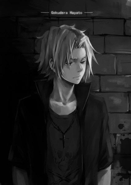 Anime picture 1024x1440 with katekyou hitman reborn gokudera hayato 13knight single tall image short hair grey hair inscription piercing monochrome skull and crossbones skull print boy earrings choker cross wall