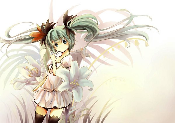 Anime picture 1053x744 with vocaloid hatsune miku zhao shuwen single looking at viewer blue eyes twintails very long hair aqua hair girl thighhighs dress flower (flowers) bow black thighhighs hair bow