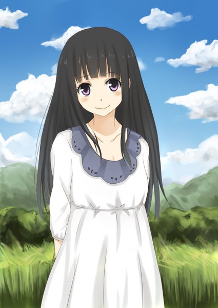 Anime picture 992x1402 with hyouka kyoto animation chitanda eru xsorax812 single long hair tall image looking at viewer blush fringe black hair smile standing purple eyes sky cloud (clouds) upper body outdoors blunt bangs head tilt