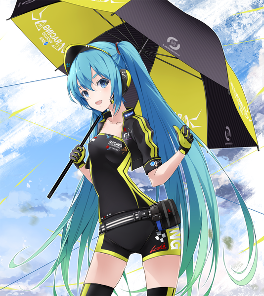 Anime picture 1067x1200 with vocaloid goodsmile racing goodsmile company hatsune miku racing miku ajigo single tall image fringe open mouth blue eyes hair between eyes twintails sky cloud (clouds) very long hair :d aqua hair race queen girl