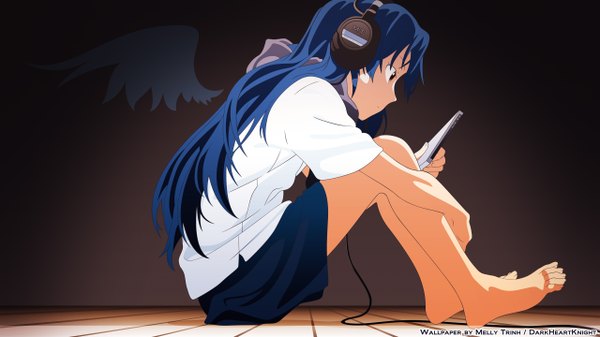 Anime picture 2560x1440 with idolmaster kisaragi chihaya tagme (artist) single long hair highres red eyes wide image sitting signed blue hair barefoot wallpaper fake wings girl skirt miniskirt shirt wings headphones