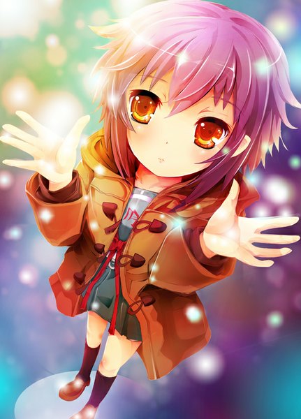 Anime picture 600x835 with suzumiya haruhi no yuutsu kyoto animation nagato yuki teruru single tall image looking at viewer blush short hair red eyes purple hair girl jacket